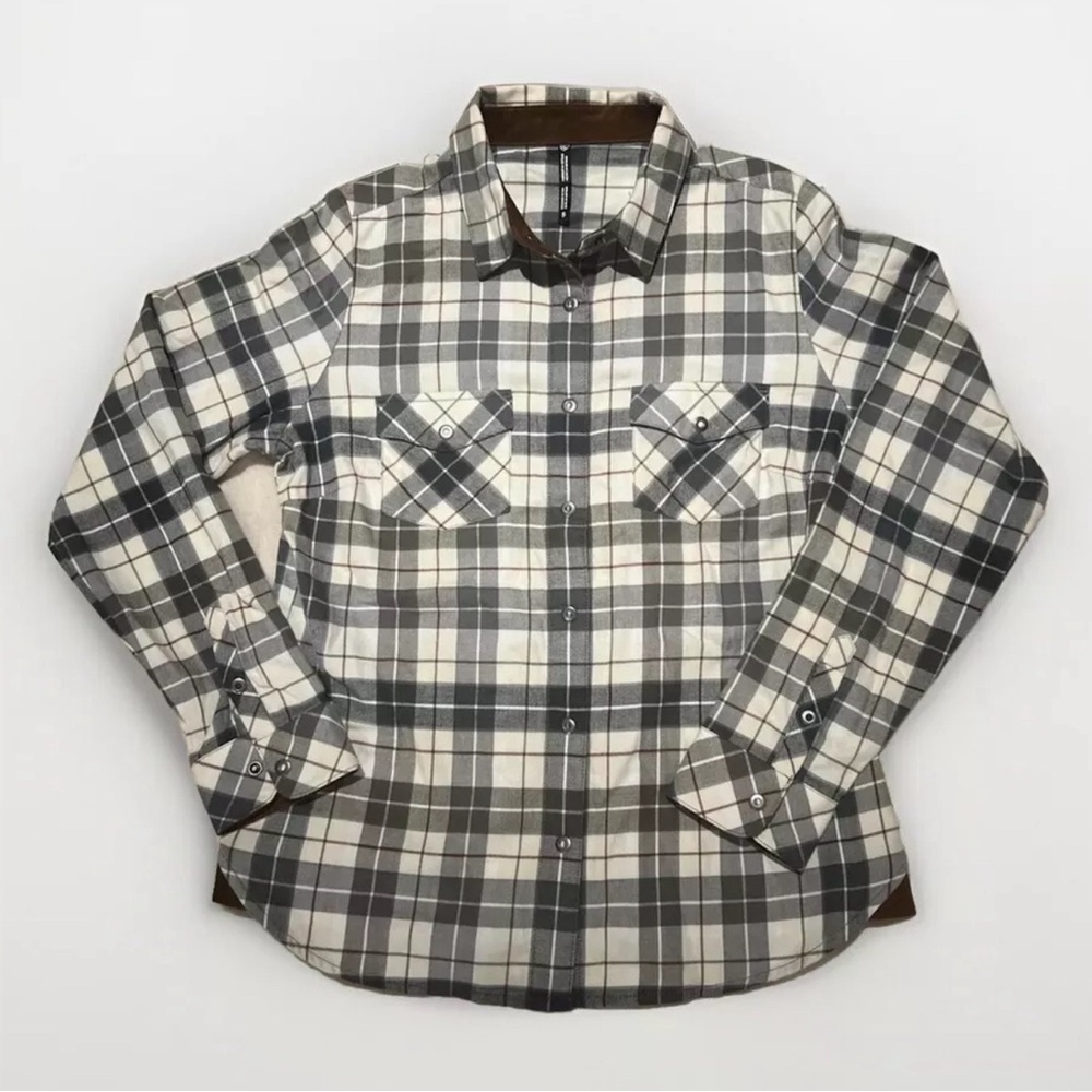 Kuhl Plaid Grey White Brown Full Snap Corduroy Collar Flannel Shirt S